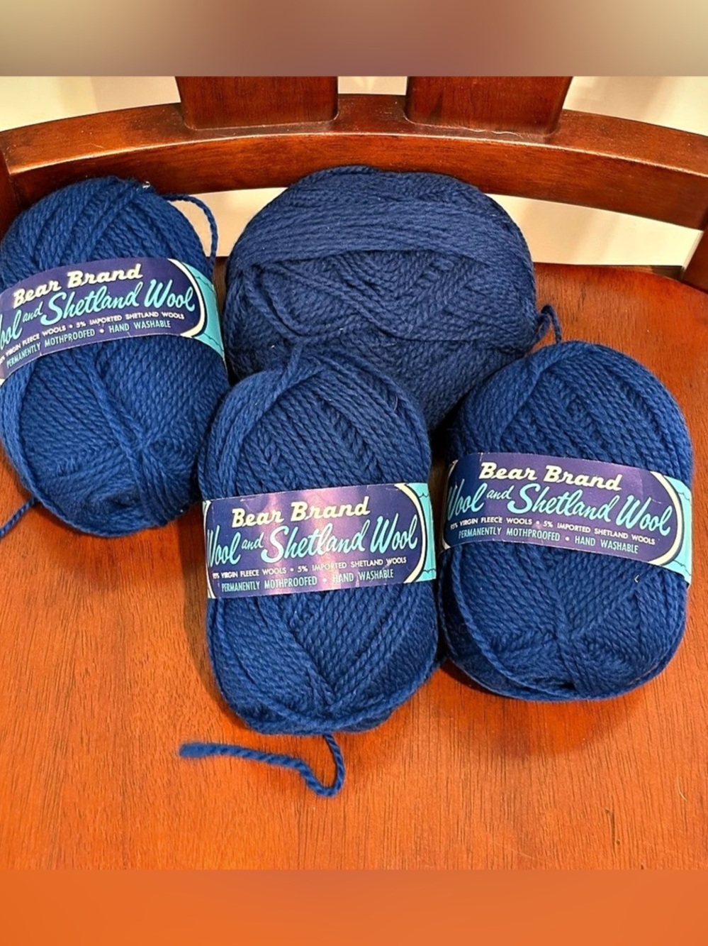 Vintage 4 Skeins Bear Brand Wool & Shetland Wool Yarn - Royal Blue, NWT